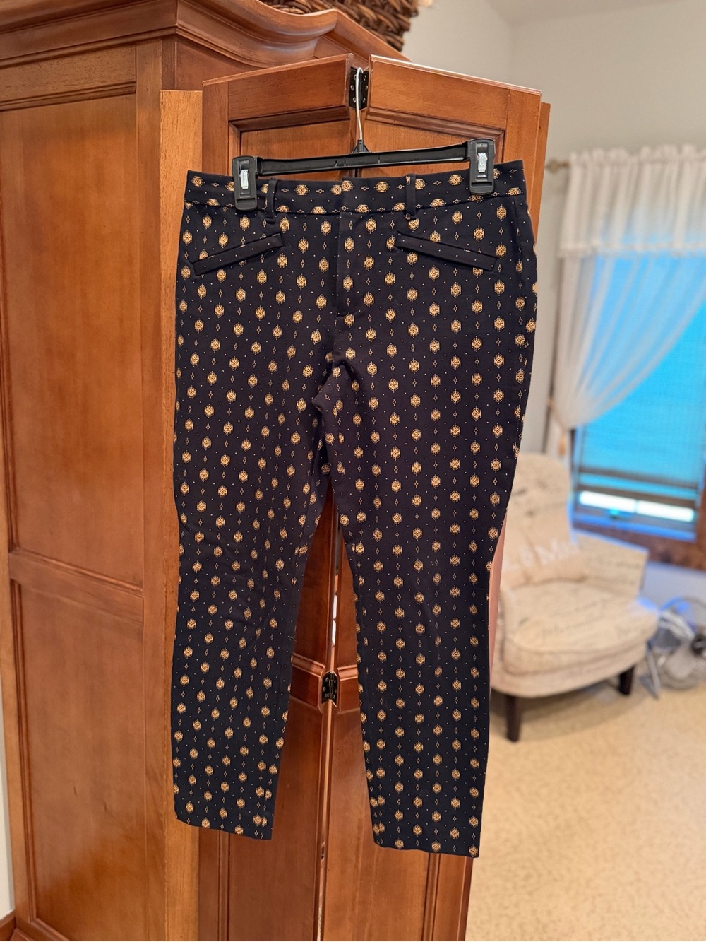 J. Crew black Ankle Pants with Gold Medallion Print